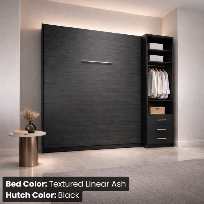 Queen Linear Ash and Black Studio Murphy Bed W/ Hutch-Closed