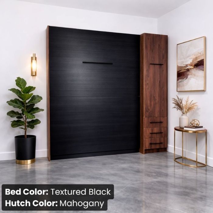 Queen Textured Black and Mahogany Studio Murphy Bed W/ Hutch-Closed