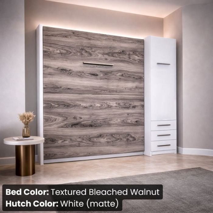 King Textured Bleached Walnut and White Matte Studio Murphy Bed W/ Hutch-Closed