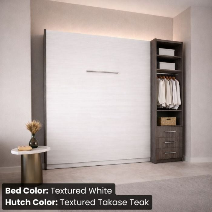 Queen Textured White and Textured Takase Teak Studio Murphy Bed W/ Hutch-Closed