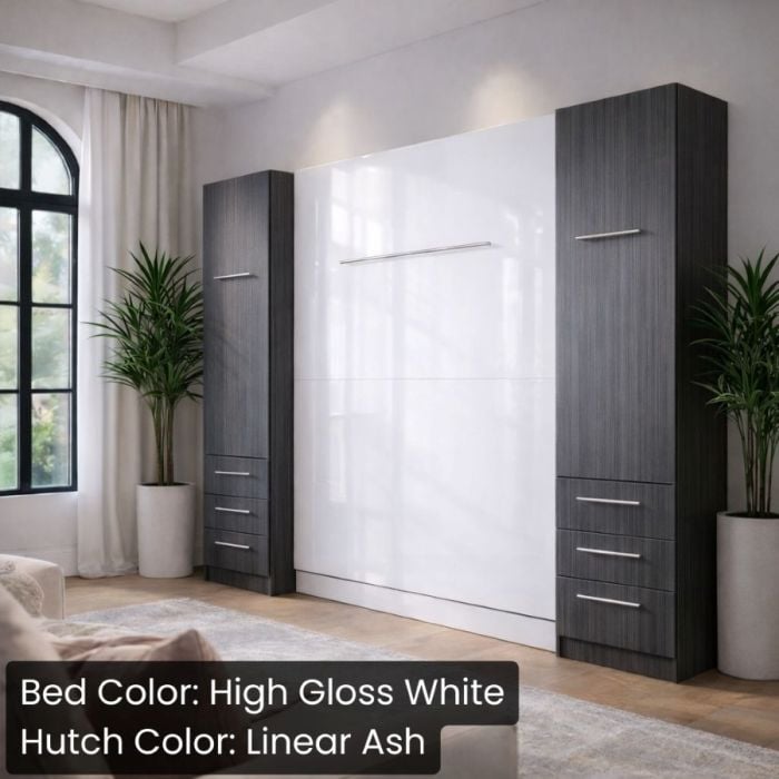 Queen High Gloss White and Linear Ash Studio Murphy Bed W/ Hutches-Closed