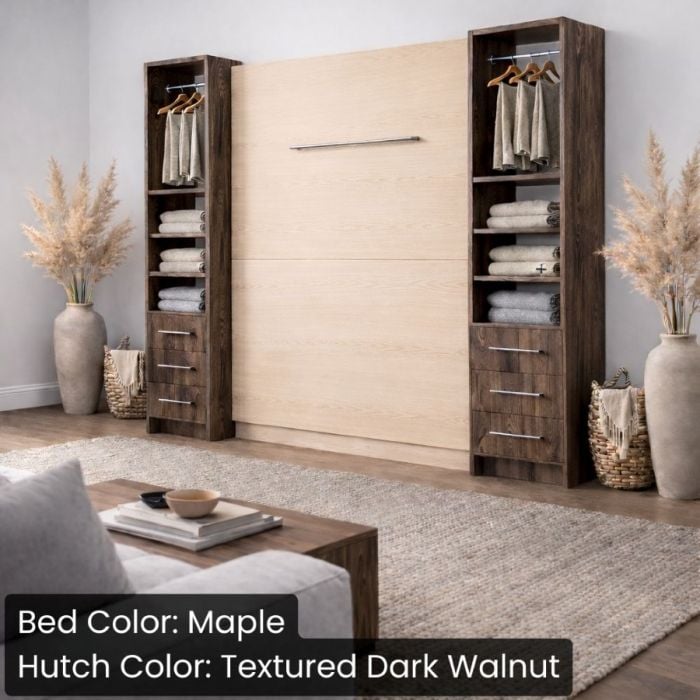 Queen Maple and Textured Dark Walnut Studio Murphy Bed W/ Hutches-Closed
