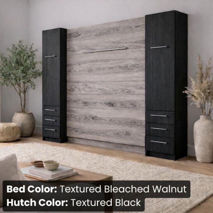 King Textured Bleached Walnut and Textured Black Studio Murphy Bed W/ Hutches-Closed