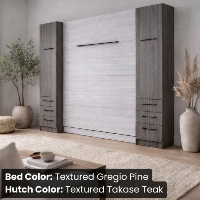 Queen Textured Gregio Pine and Takase Teak Studio Murphy Bed W/ Hutches-Closed
