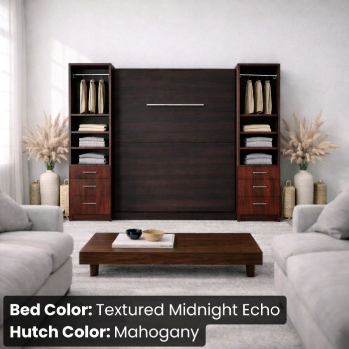 Queen Textured Midnight Echo and Mahogany Studio Murphy Bed with Hutches