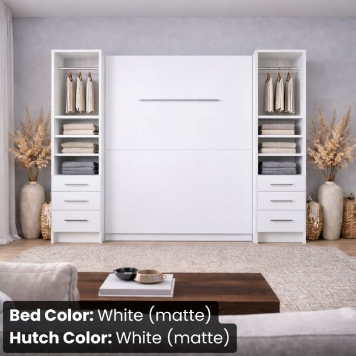 Queen White Matte Studio Murphy Bed w/ Hutches-Closed
