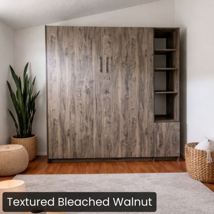 Queen Textured Bleached Walnut Urban Murphy Bed with One Hutch-Closed