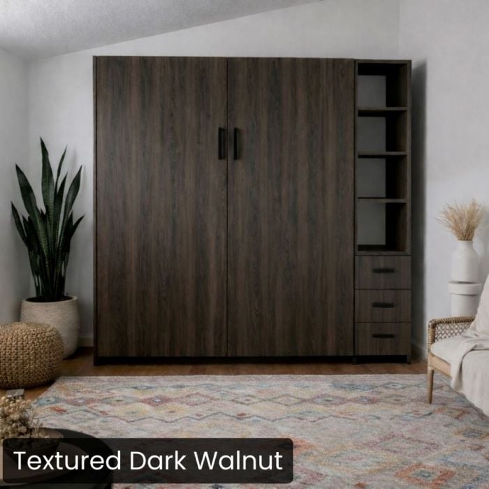 Queen Textured Dark Walnut Urban Murphy Bed with One Hutch-Closed