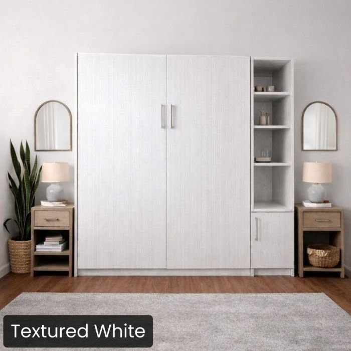 Queen Textured White Urban Murphy Bed with One Hutch-Closed