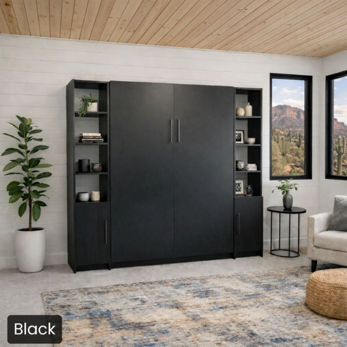 Queen Black Urban Murphy Bed with Two Hutches-Closed