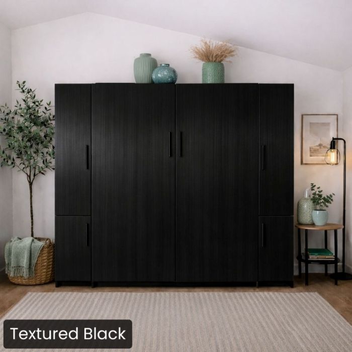 Queen Textured Black Urban Murphy Bed with Two Hutches-Closed