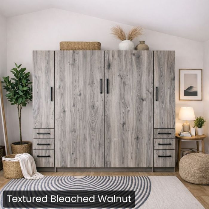 Queen Textured Bleached Walnut Urban Murphy Bed with Two Hutches-Closed