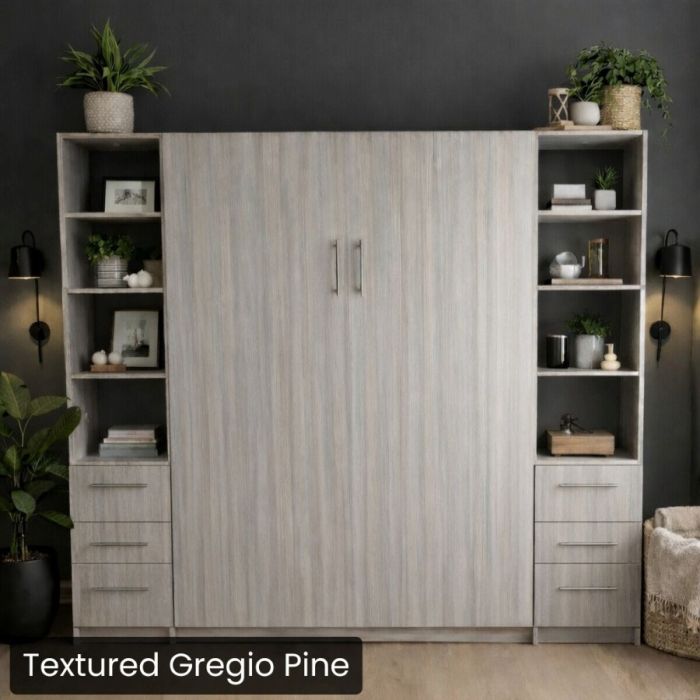 Queen Textured Gregio Pine Urban Murphy Bed with Two Hutches-Closed