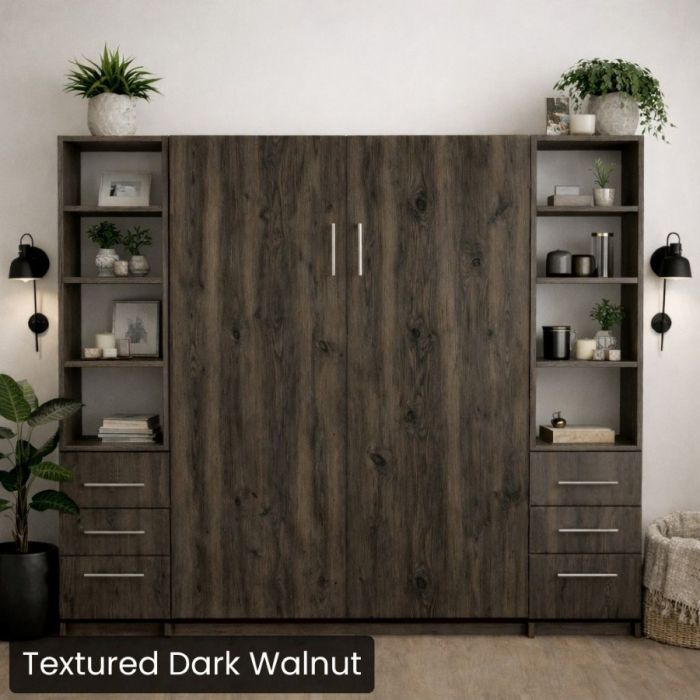 Queen Textured Dark Walnut Urban Murphy Bed with Two Hutches-Closed