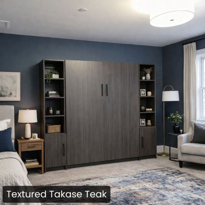 Queen Textured Takase Teak Urban Murphy Bed with Two Hutches-Closed