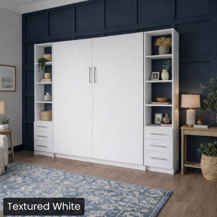 Queen Textured White Urban Murphy Bed with Two Hutches-Closed