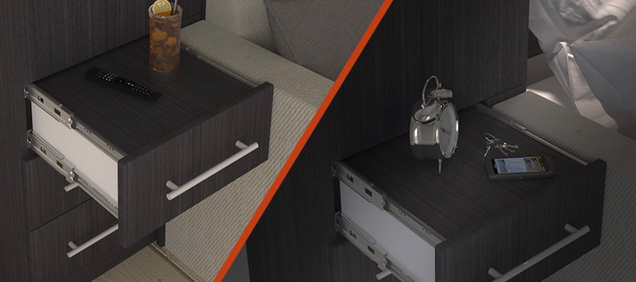 A Murphy Bed side hutch with an shelf and items on the shelf