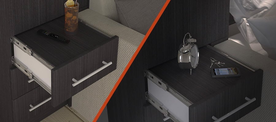 A Murphy Bed side hutch with an shelf and items on the shelf