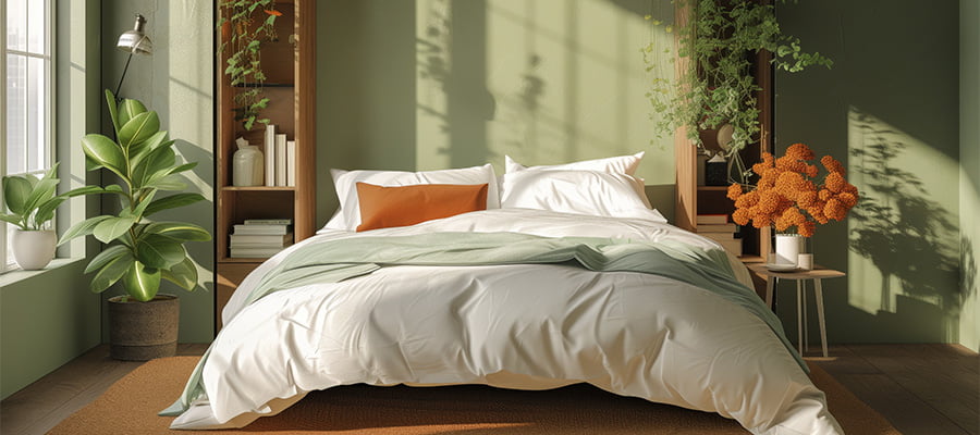 A Murphy Wall Bed against a green wall with bedding and plants