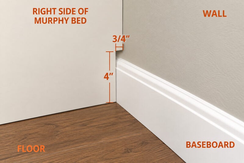 Close-up of a Murphy bed's right side panel against the wall. Its bottom back corner is notched 4 inches high and 3/4 inch deep, so the bed sits flat against the wall over the baseboard.