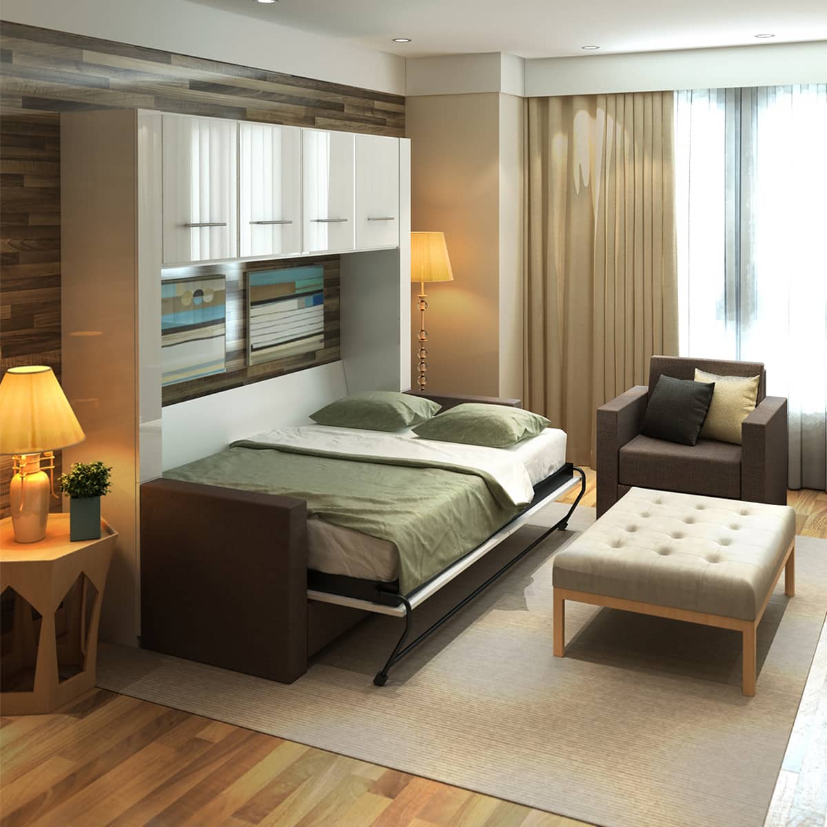 Animation showing a Murphy Bed opening, transforming a living room with a sofa into a bedroom