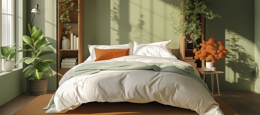 A Murphy Wall Bed against a green wall with bedding and plants