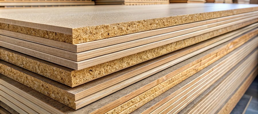 Stacks of board in a warehouse, some have edge banding