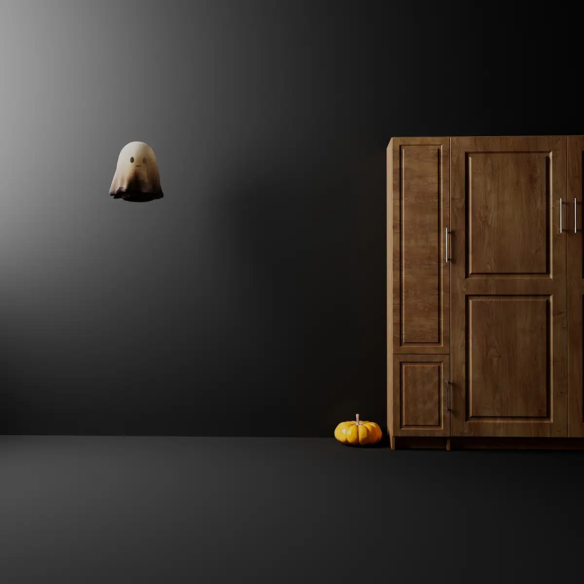 A dark room with a wooden Murphy Bed cabinet, a pumpkin on the floor and a small ghost floating by.