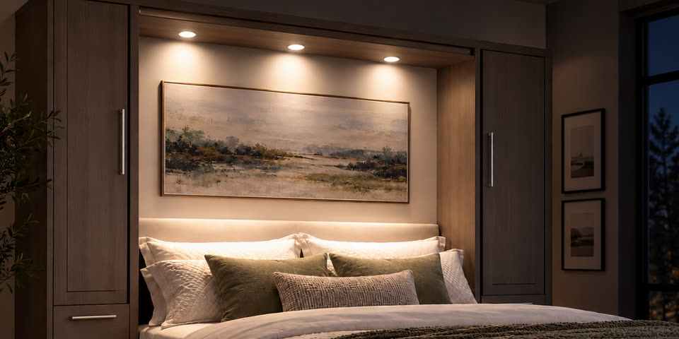 A Murphy Bed with side hutches at night, three recessed LED lights washing the headboard and pillows in warm light